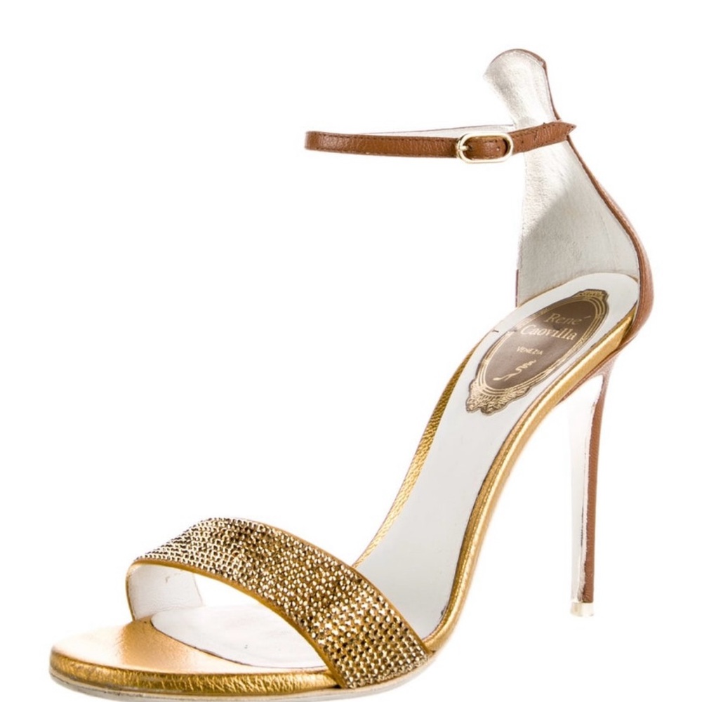 Rene Caovilla Gold and Brown Crystal Heels - Size 6 / 36